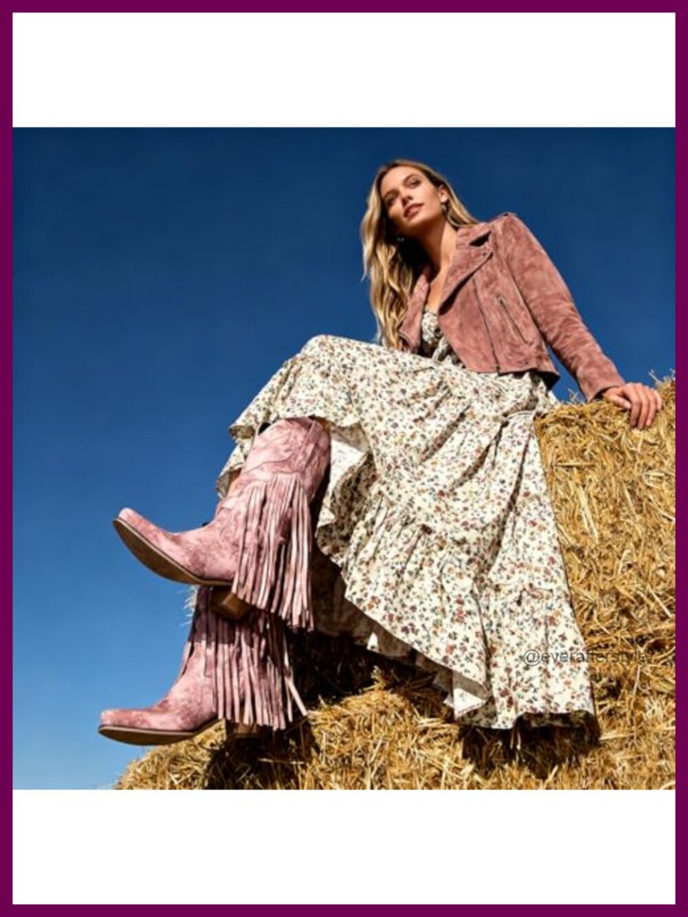 Fringe Denim Cowgirl Boots Pointed Toe Mid Calf Chunky Stacked Heel Western - Picture 3 of 6